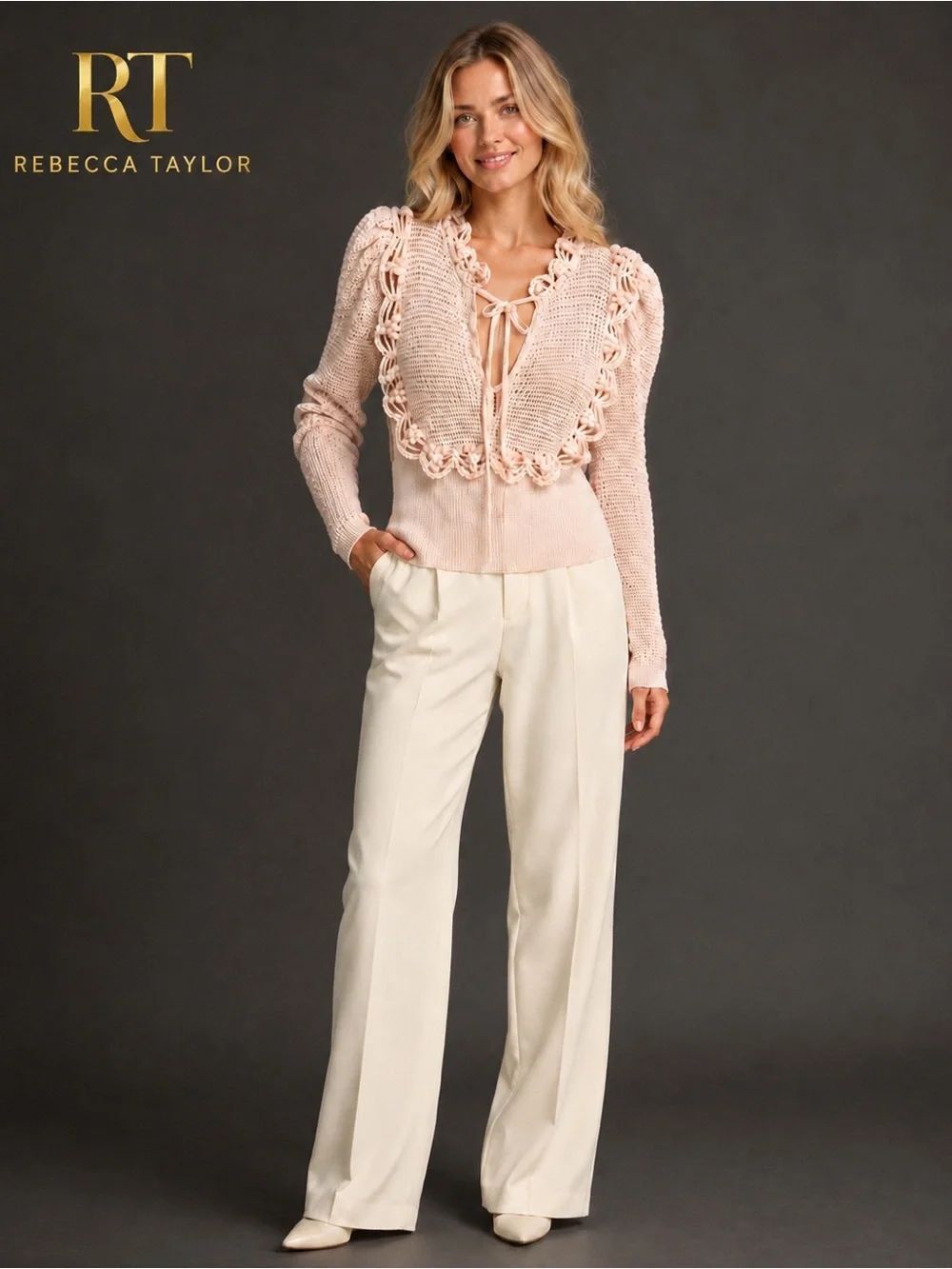 Rebecca Taylor Wool Blend Crochet Tie-Front Sweater 
Blush Pink Romantic Knit